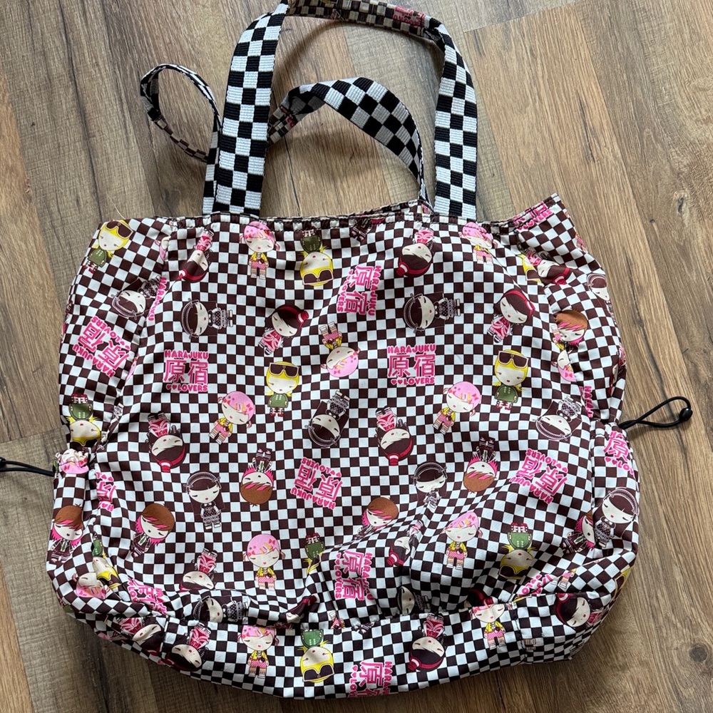 Harajuku Checkerboard Pattern Vintage Tote Bag with Pink Character Accents